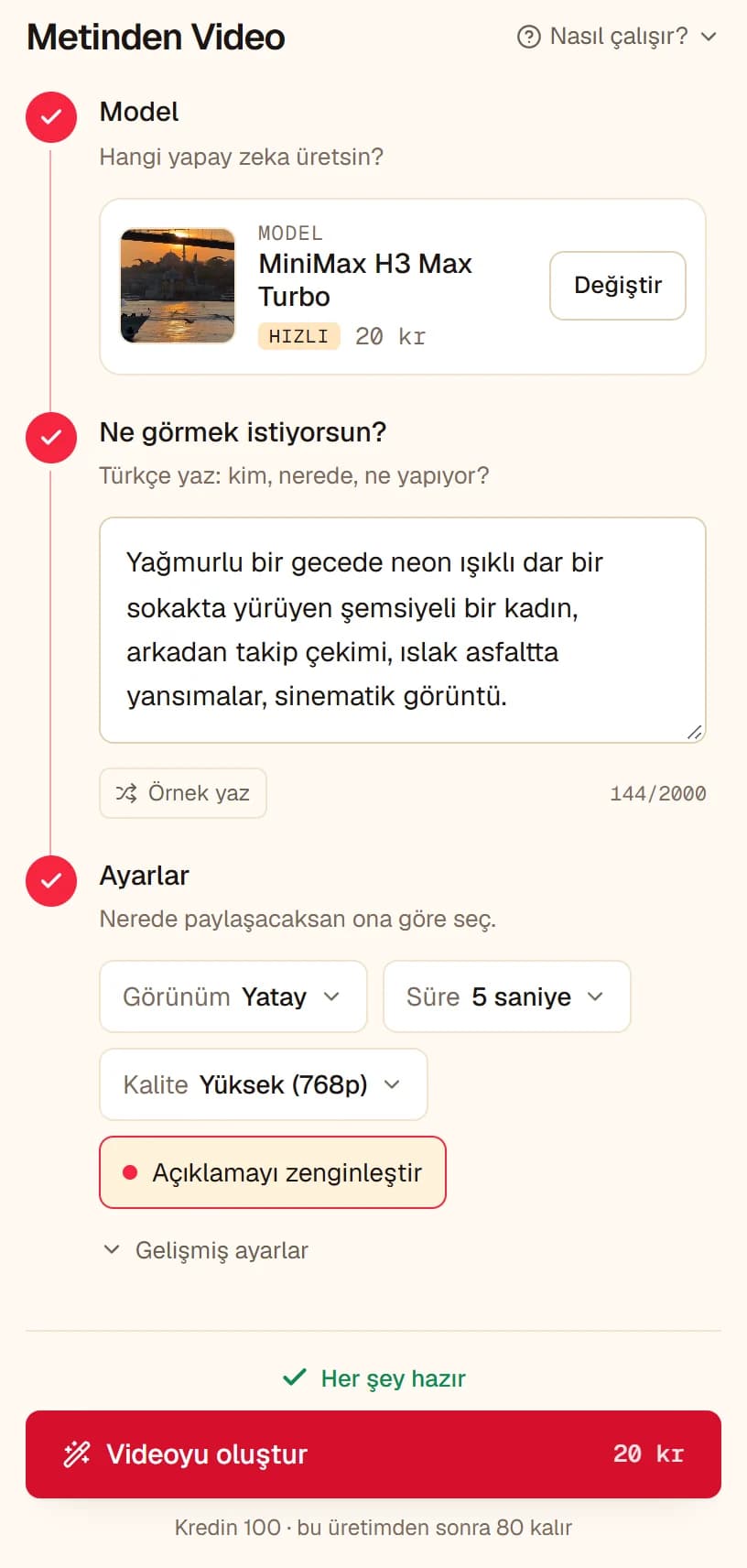 Metinden Video ekranında tamamlanmış adımlar: Model MiniMax H3 Max Turbo, Ne görmek istiyorsun? kutusunda yağmurlu sokak tarifi, Ayarlar ve Videoyu oluştur düğmesi