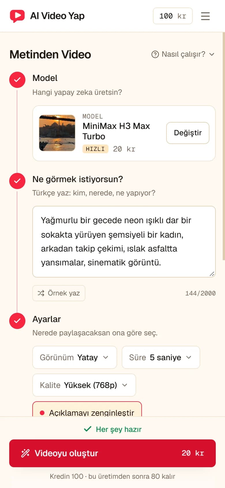Telefonda Metinden Video ekranı: tamamlanmış adımlar ve ekranın altına sabitlenmiş Videoyu oluştur düğmesi