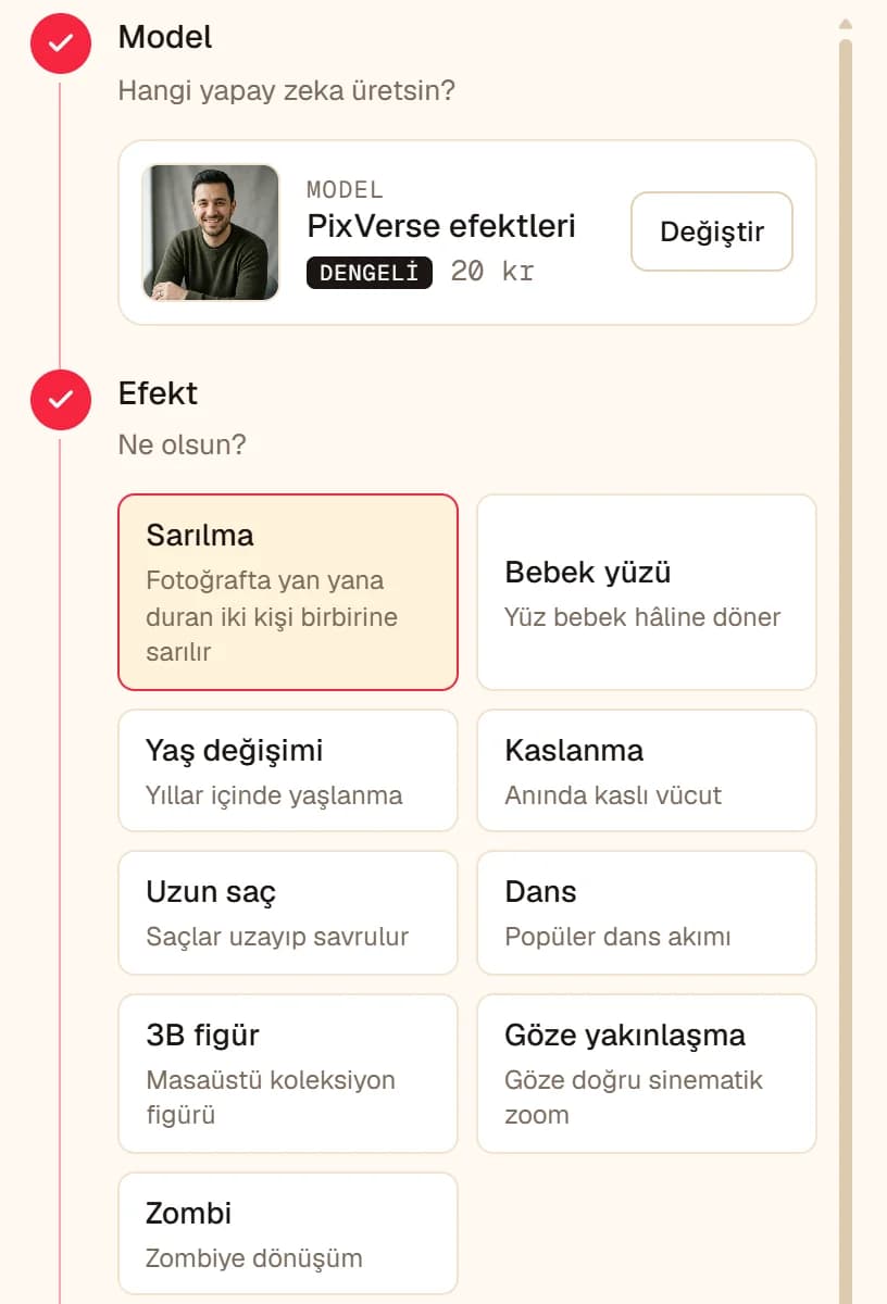 Efekt Videoları ekranı: model PixVerse efektleri, Efekt adımında seçili Sarılma kartı ve Bebek yüzü, Yaş değişimi, Kaslanma, Uzun saç, Dans, 3B figür, Göze yakınlaşma, Zombi kalıpları
