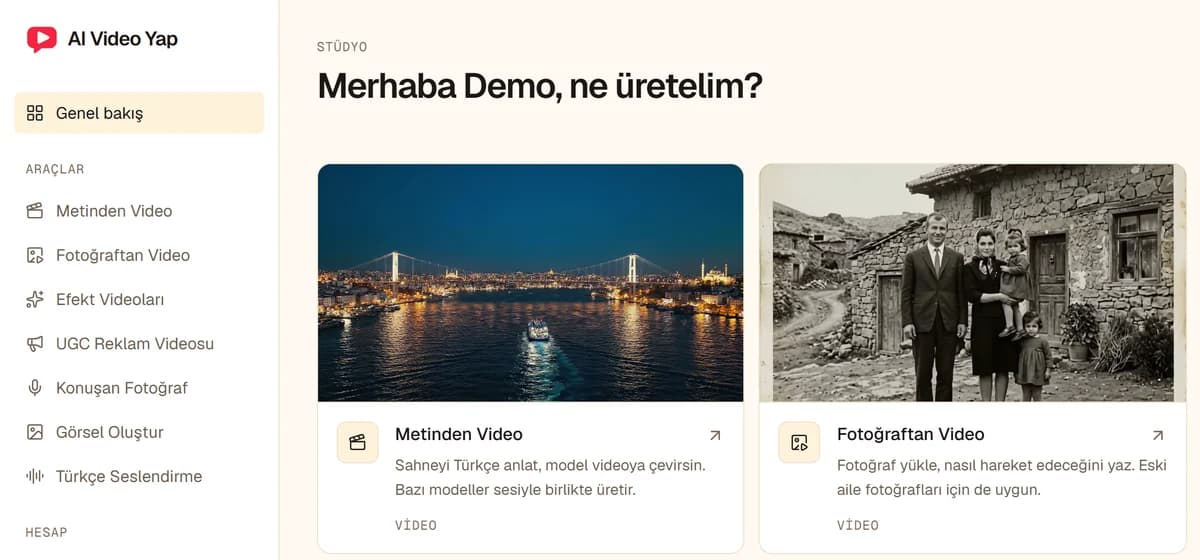 AI Video Yap stüdyosunun Genel bakış ekranı: sol menüde Araçlar listesi, sağda Metinden Video ve Fotoğraftan Video kartları