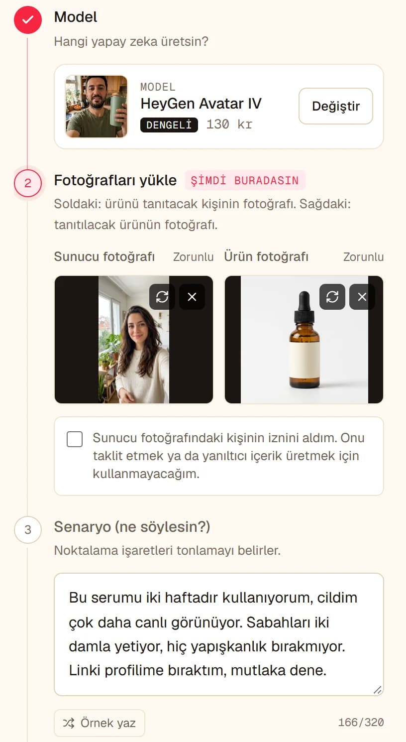 UGC Reklam Videosu ekranı: model HeyGen Avatar IV, yüklenmiş sunucu ve serum şişesi fotoğrafları, izin kutusu ve Senaryo (ne söylesin?) kutusunda Türkçe senaryo