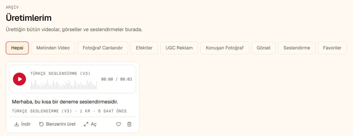 Üretimlerim sayfası: araç filtreleri ve İndir, Benzerini üret, Aç düğmeleri olan bir üretim kartı