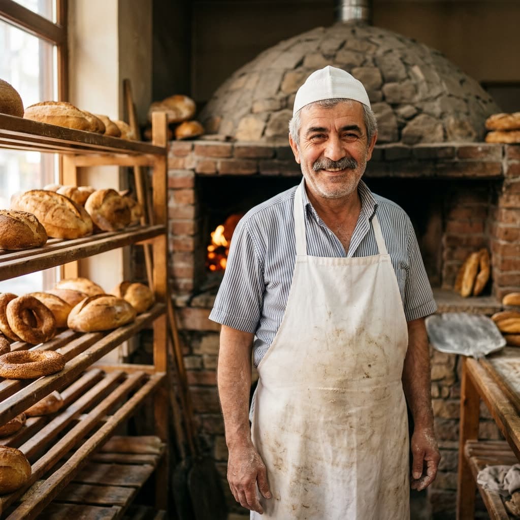 Taş fırının önünde beyaz şapkalı, gülümseyen bıyıklı fırıncı portresi