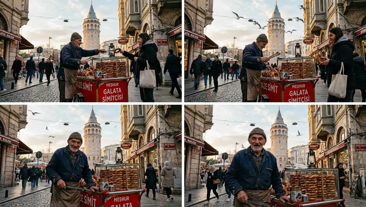 Galata Kulesi önündeki simitçinin canlandırılmış fotoğrafından dört kare: müşterisine simit veriyor, martılar uçuyor, sonra kameraya dönüp gülümsüyor