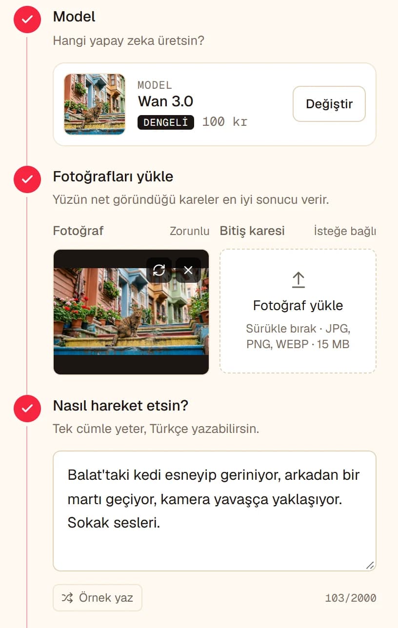 Fotoğraftan Video ekranı: Balat'ta taş merdivende oturan kedi fotoğrafı yüklenmiş, model Wan 3.0, Nasıl hareket etsin? kutusunda kedinin esneyip gerindiği kısa tarif