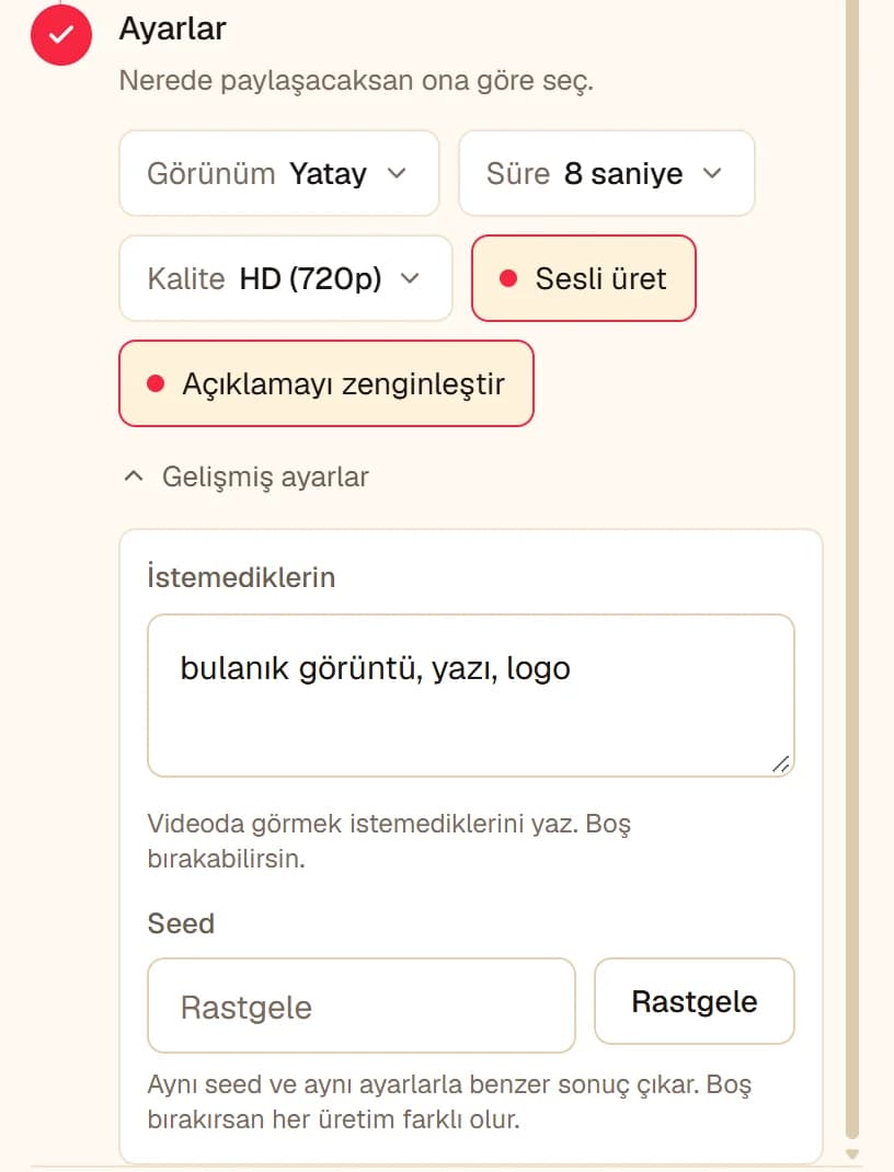 Google Veo 3.1 Lite seçiliyken Ayarlar adımı: Görünüm, Süre, Kalite, Sesli üret, Açıklamayı zenginleştir ve açılmış Gelişmiş ayarlar altında İstemediklerin ile Seed alanları