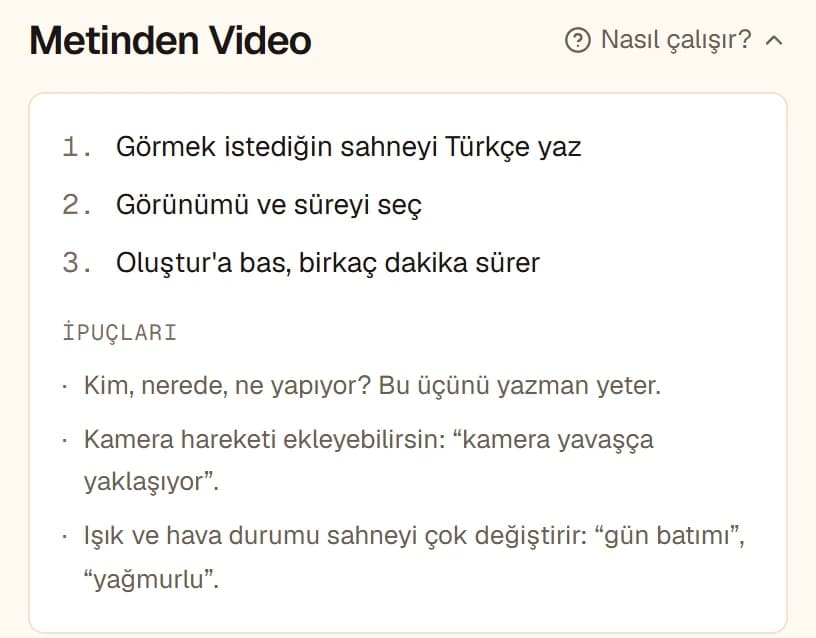 Metinden Video ekranında açılmış Nasıl çalışır? bölümü: üç adım ve açıklama yazma ipuçları