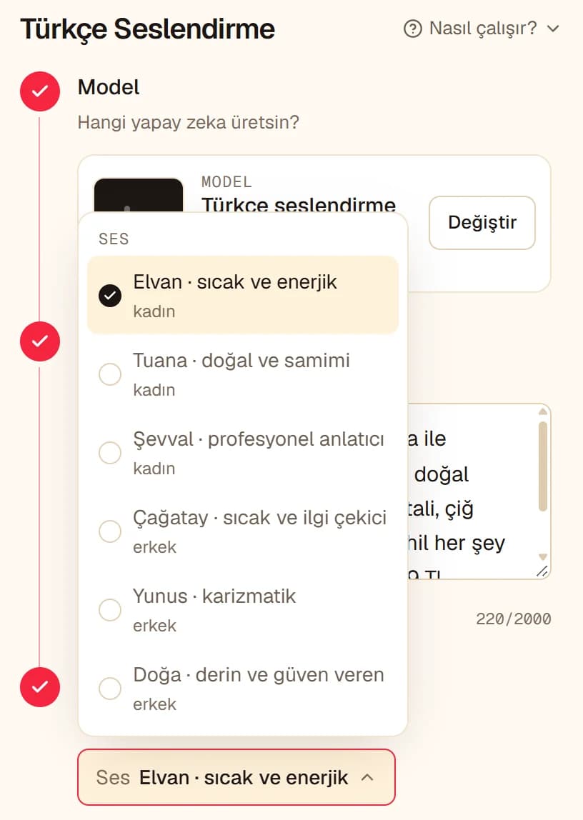 Türkçe Seslendirme ekranında açılmış Ses listesi: Elvan, Tuana, Şevval kadın; Çağatay, Yunus, Doğa erkek sesleri ve her birinin tonu