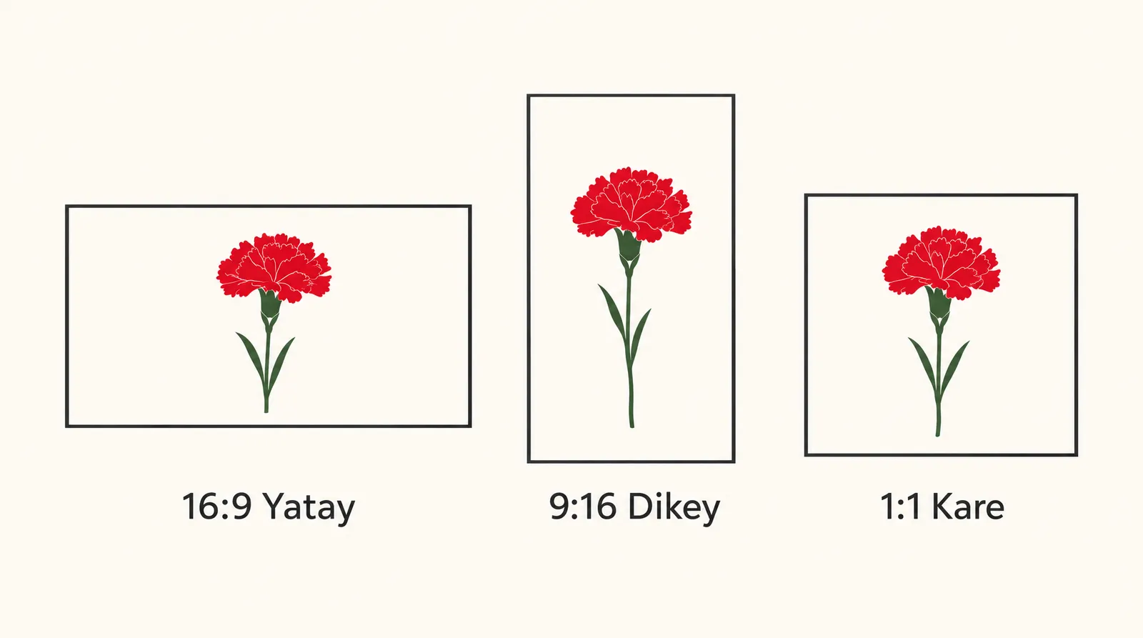 Krem zemin üzerinde yatay, dikey ve kare görsel oranlarını karşılaştıran üç çerçeve
