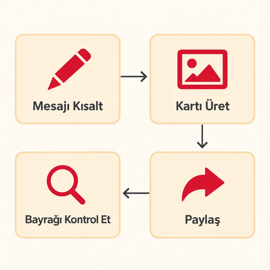 Krem zeminde dört adımlı akış: mesajı kısalt, kartı üret, bayrağı kontrol et, paylaş