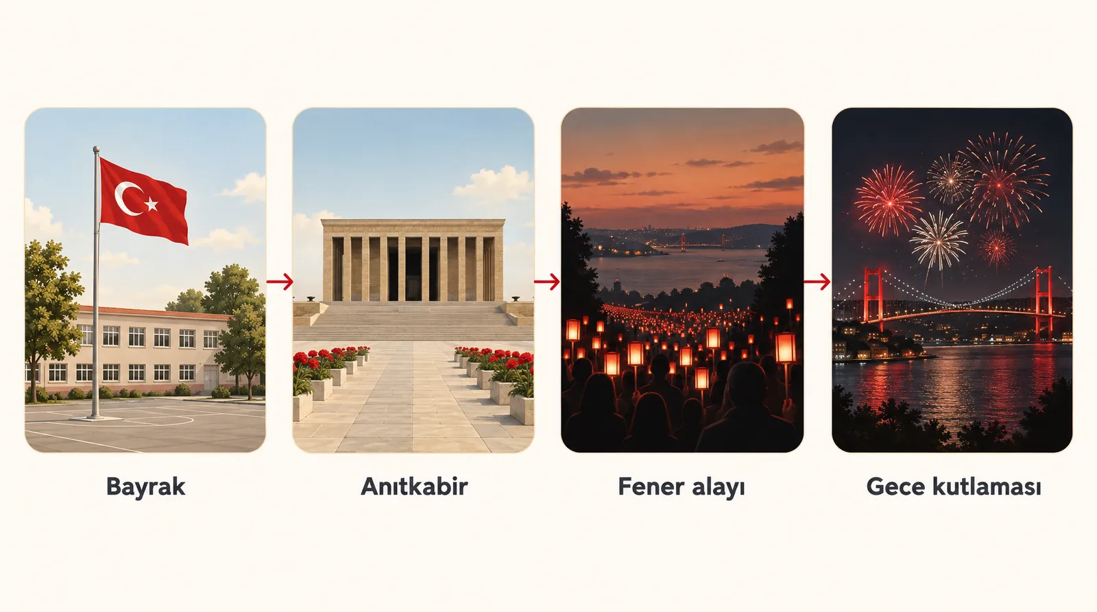 Bayrak, Anıtkabir, fener alayı ve gece kutlaması sahnelerini sıralayan dört kartlık sahne akışı
