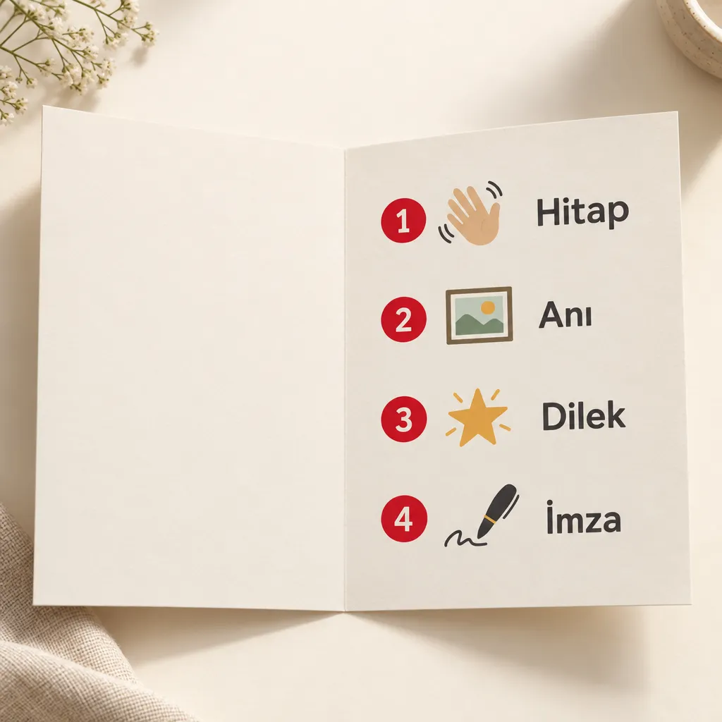 Açık kart üzerinde sırayla Hitap, Anı, Dilek ve İmza bölümlerini gösteren dört parçalı şema