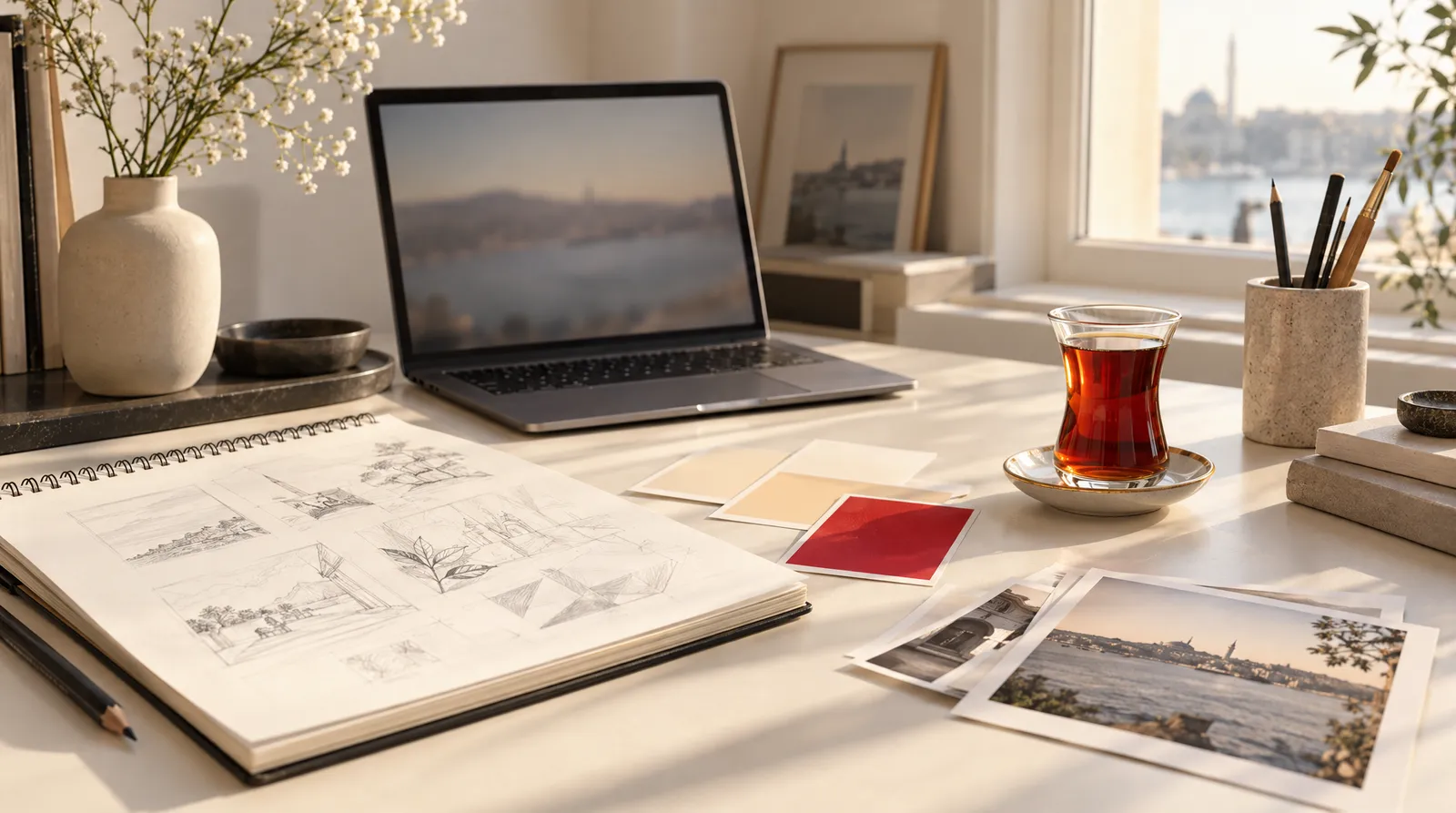 Pencere kenarında dizüstü bilgisayar, eskiz defteri, renk kartları ve çay bardağı bulunan çalışma masası