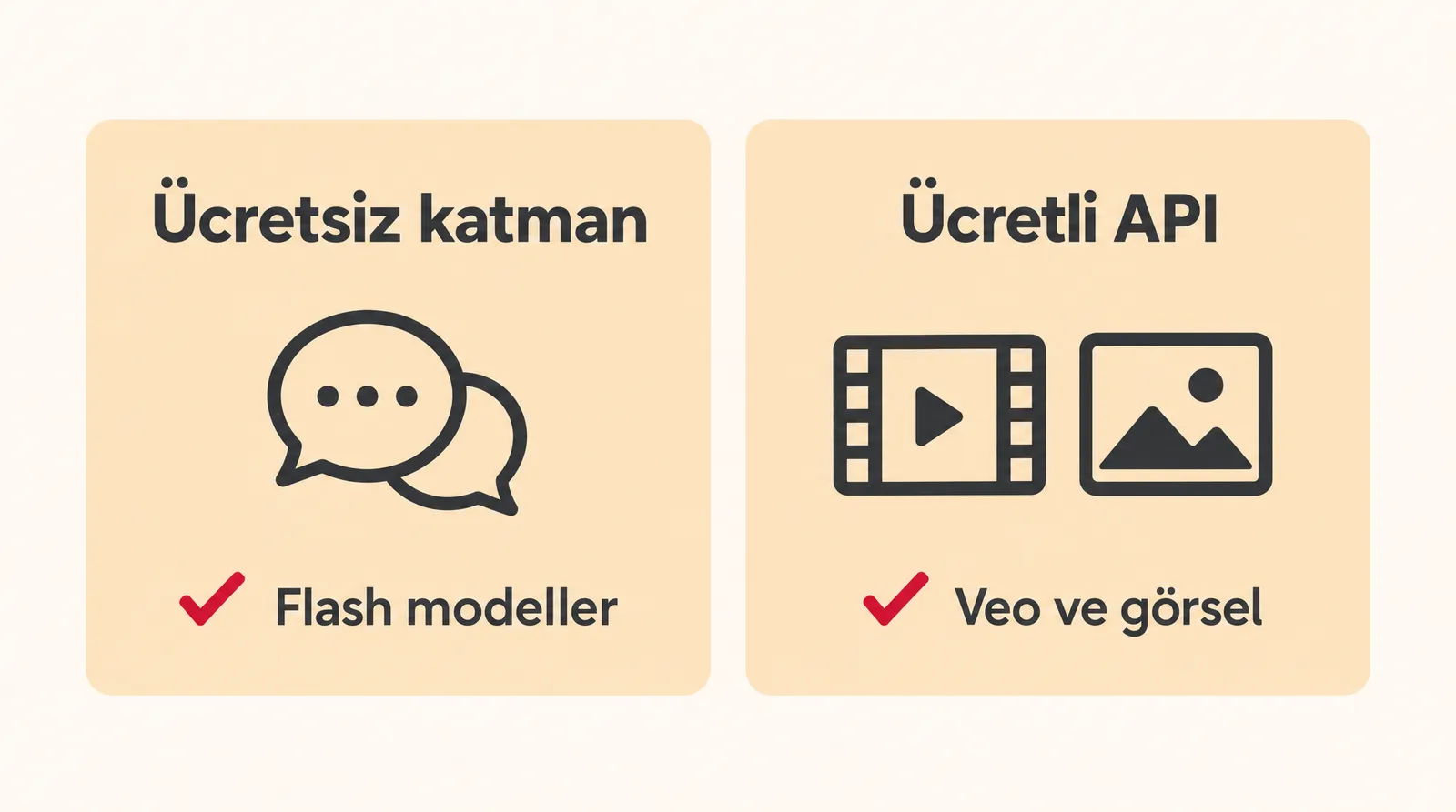 Ücretsiz katman ve ücretli API'yi iki sütunda karşılaştıran krem renkli bilgi grafiği