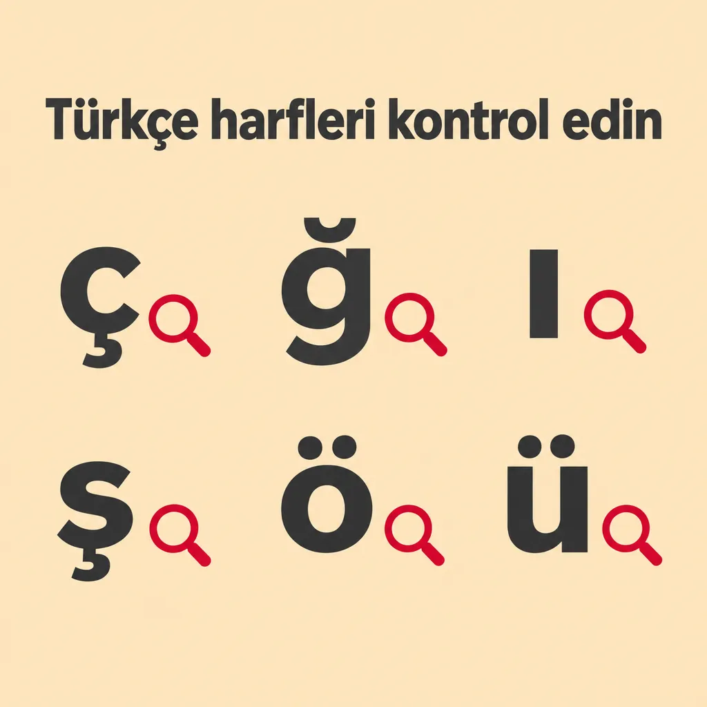 Krem zemin üzerinde ç, ğ, ı, ş, ö, ü harfleri ve yanlarında büyüteç simgeleri