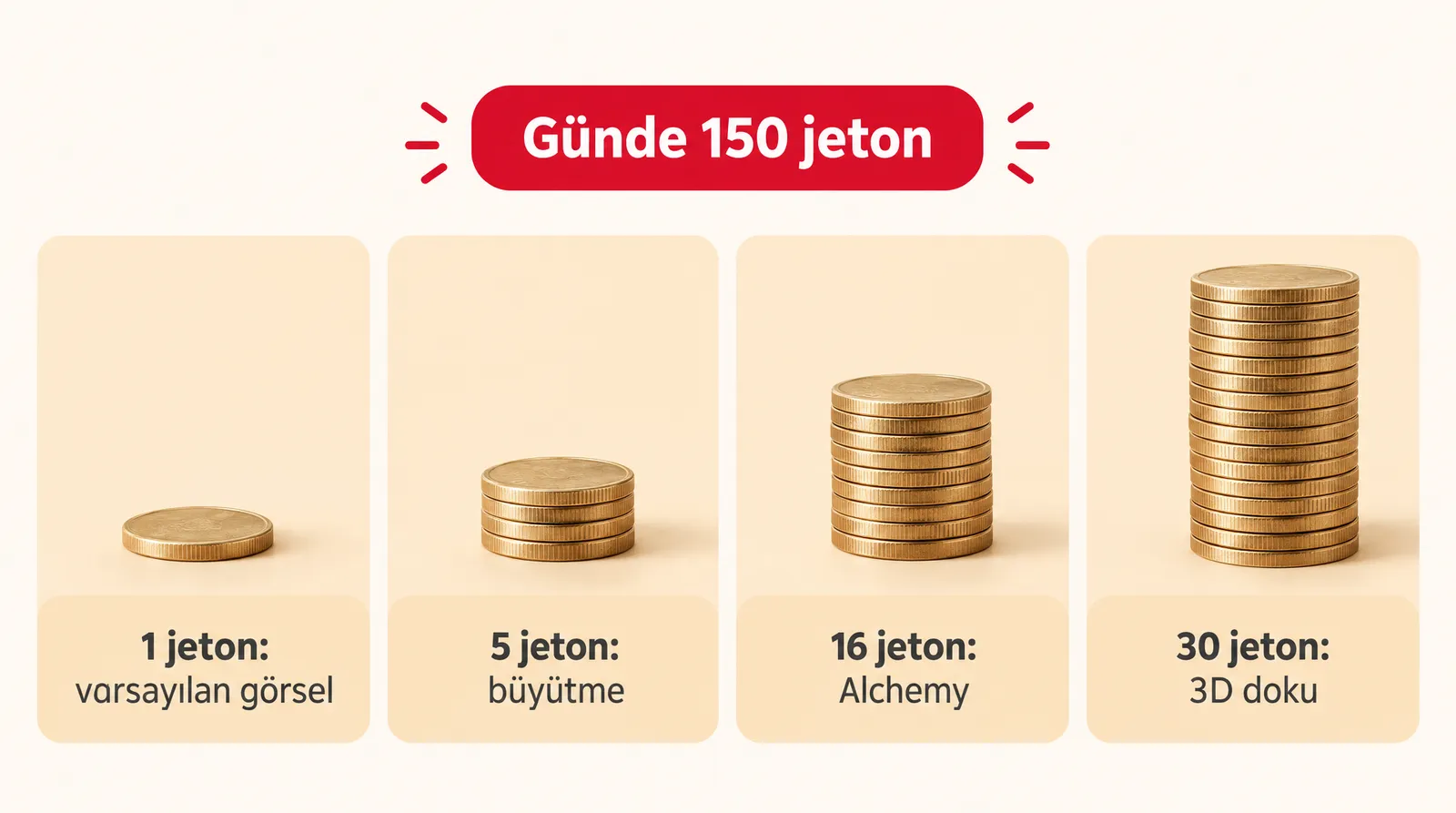 Dört büyüyen jeton yığını: varsayılan görsel 1, büyütme 5, Alchemy 16, 3D doku 30 jeton