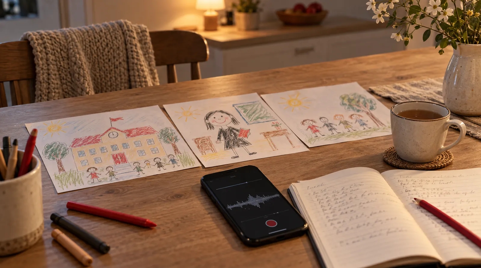 Mutfak masasında çocuk çizimleri, ses kaydı yapan telefon ve şarkı sözü yazılı defter