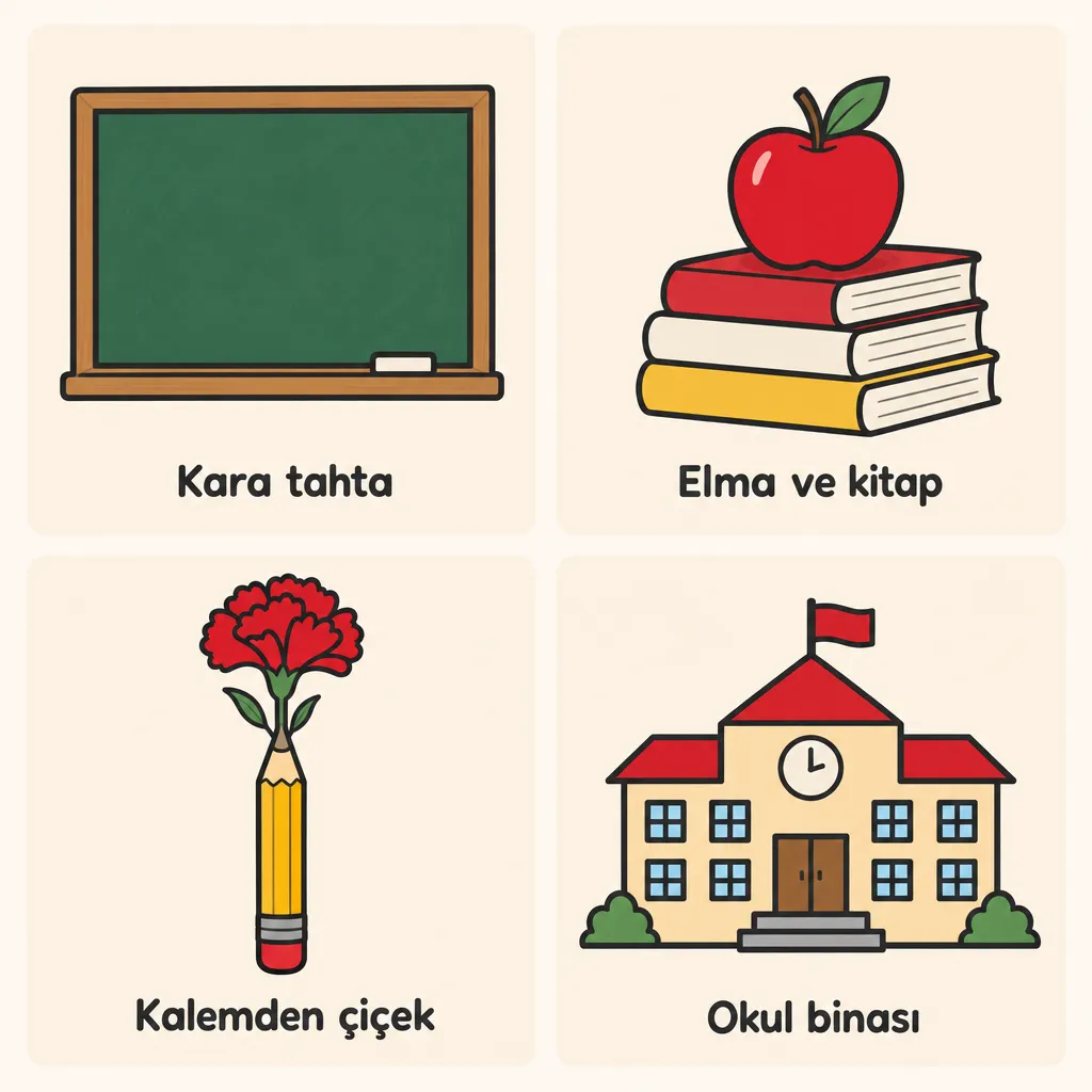 Dört kutuda kara tahta, kitap üstünde elma, kalemden çiçek ve okul binası çizimi