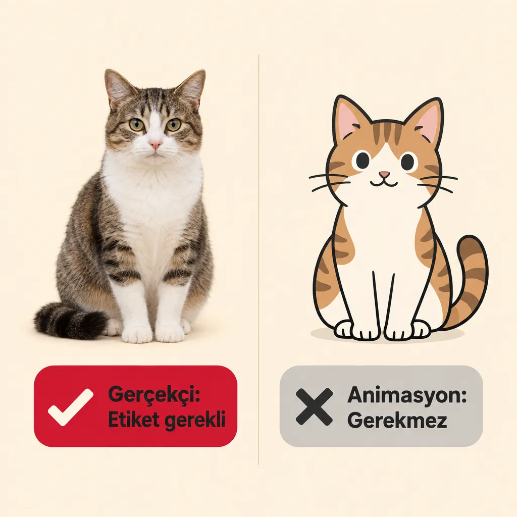 Gerçekçi kedi videosunda etiket gerektiğini, animasyonda gerekmediğini gösteren iki sütunlu şema