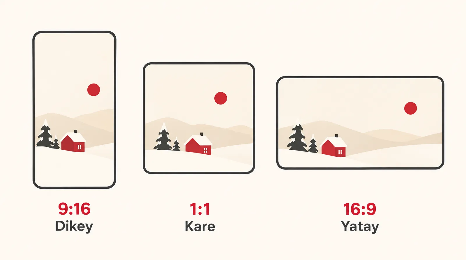 Krem zeminde 9:16 dikey, 1:1 kare ve 16:9 yatay kart oranlarını gösteren üç çerçeve