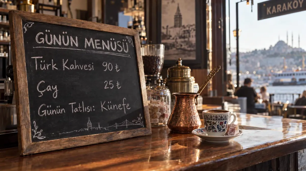 GPT Image 2.5 ile üretilmiş, Karaköy'de bir kahve dükkânında Türkçe menü ve fiyatların yazdığı tebeşir tahtası, bakır cezve ve Türk kahvesi
