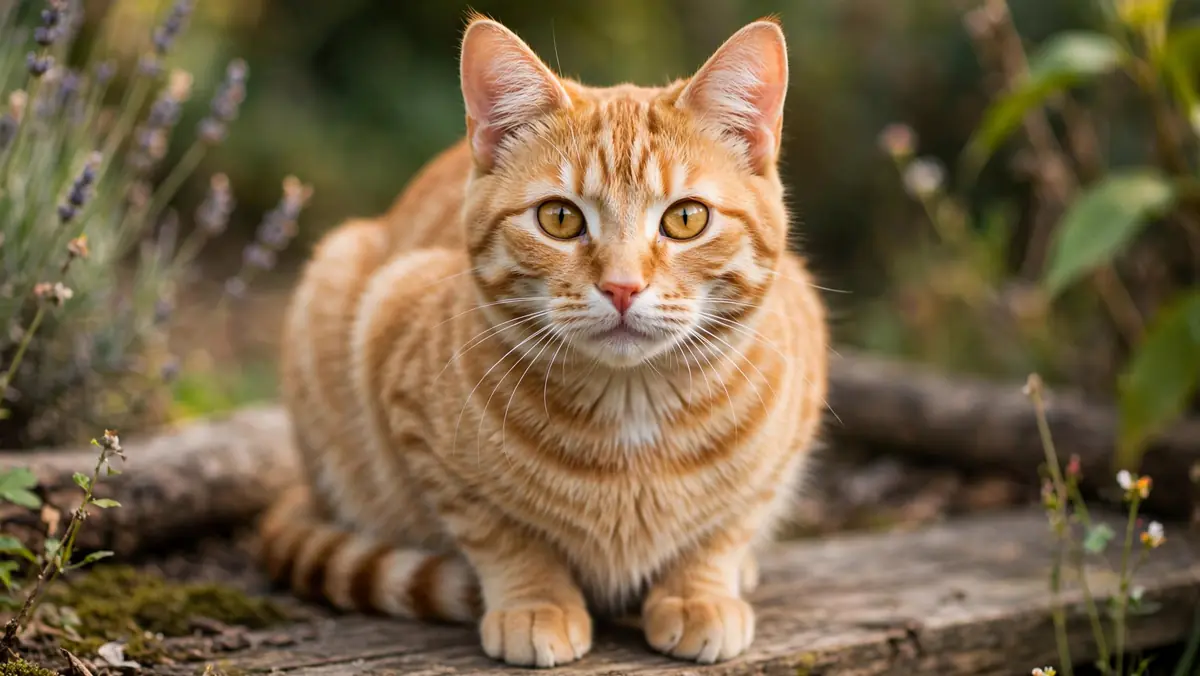 Yalnızca Bir kedi tarifiyle üretilmiş, bahçede oturan turuncu tekir kedi portresi