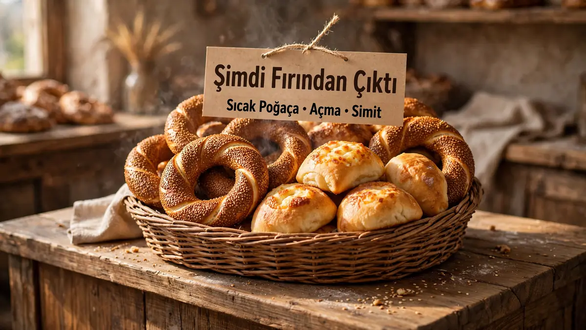 Muse Image ile üretilen, sepet dolusu simit ve poğaçanın üstündeki kraft etikette Şimdi Fırından Çıktı yazan görsel