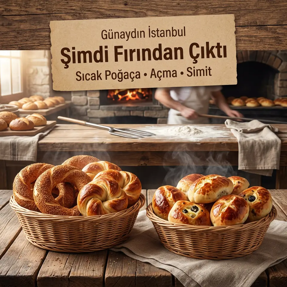 Nano Banana 2 ile üretilen, fırın tezgâhında simit ve poğaça sepetleri ile kraft etikette Günaydın İstanbul ve Şimdi Fırından Çıktı yazan kare görsel
